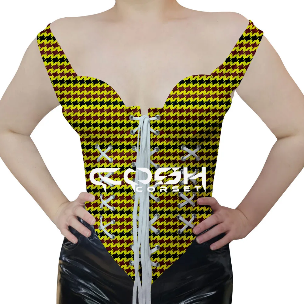 Over Bust Steel Boned Sublimation Printed Corset With Side Zip Up And Shoulder Strap With Front Laces Fashion Outfit Bustier Top