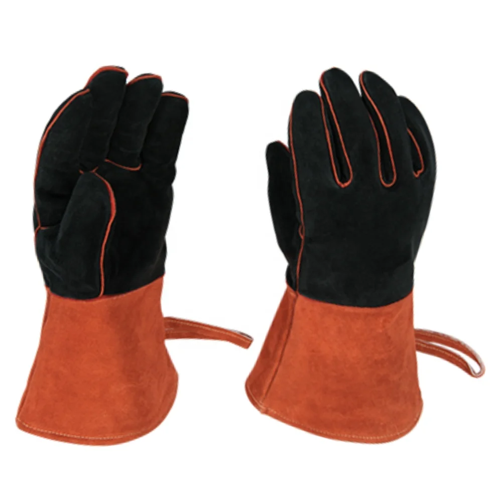 Safety Hand Welding Gloves Heat Resistant Cow Split Leather Inner Full Fleece And Denim Jeans Cuff