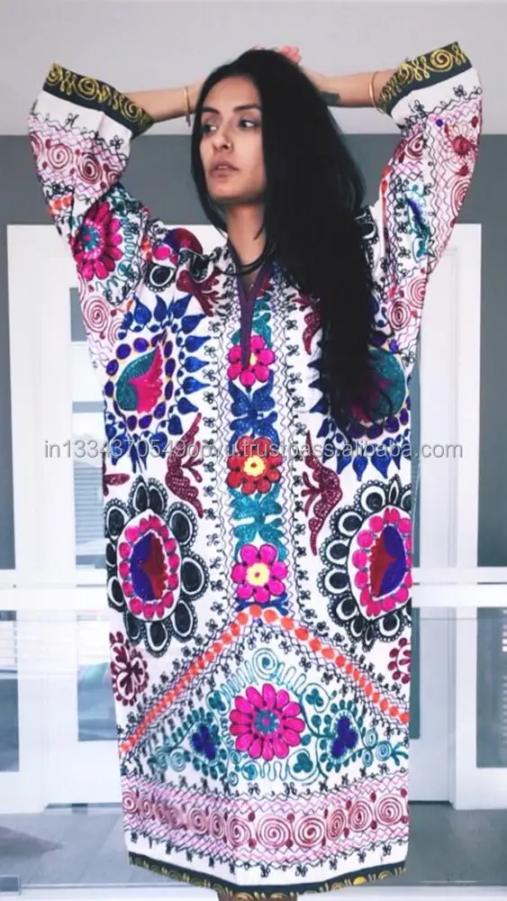 Vintage Indian Tribal Suzani Embroidered Handmade Floral Boho Tunic Banjara Style Hippie Free Size Dress Uzbek Lady Folk Dress