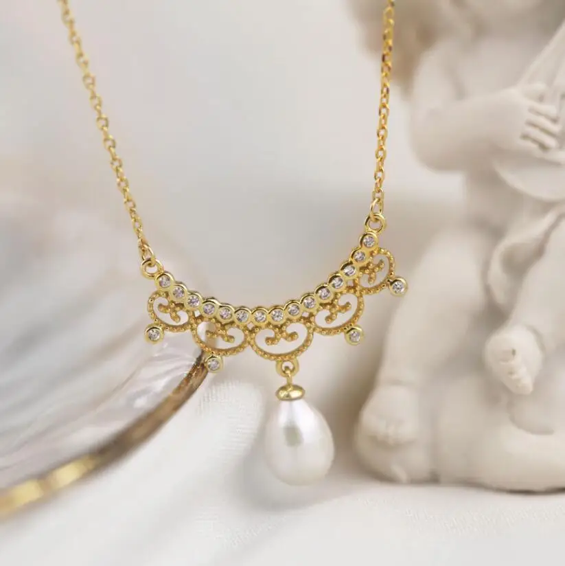 baroque vintage elegant jewelry collar de plata 14k gold plated 925 sterling silver gold plated pearl necklace