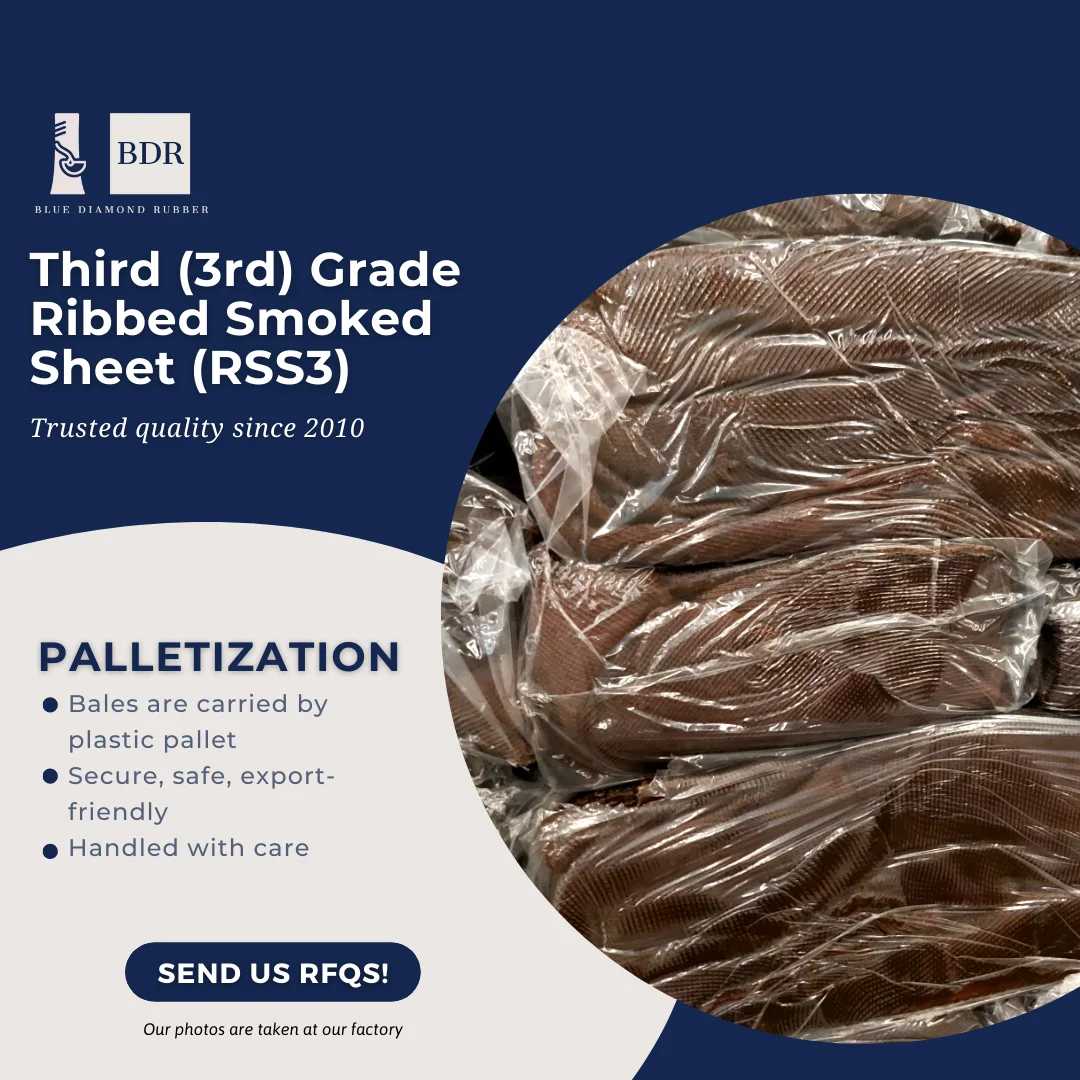 Ribbed Smoked Sheet - RSS3 Raw Rubber Material packaged every 33.33kg per bale ready to be shipped and fast delivery