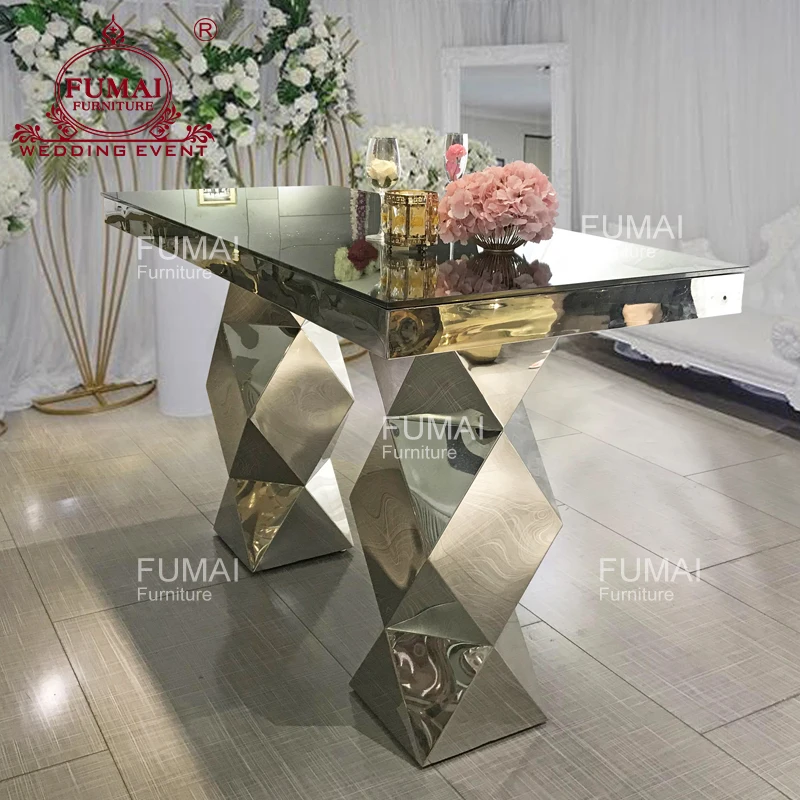 Two Legs Long Stainless Steel Mirror Bar Display Cocktail Table