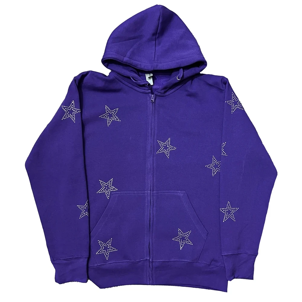 Low MOQ High Quality Oversized Designer Zip Up Custom Rhinestone Hoodies Streetwear Men Full Zip Up Hoodie