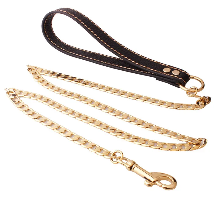 
Wholesale Pet Products Gold Plated Brass Copper Flat Chain Dog Leash Custom Leather Handle 