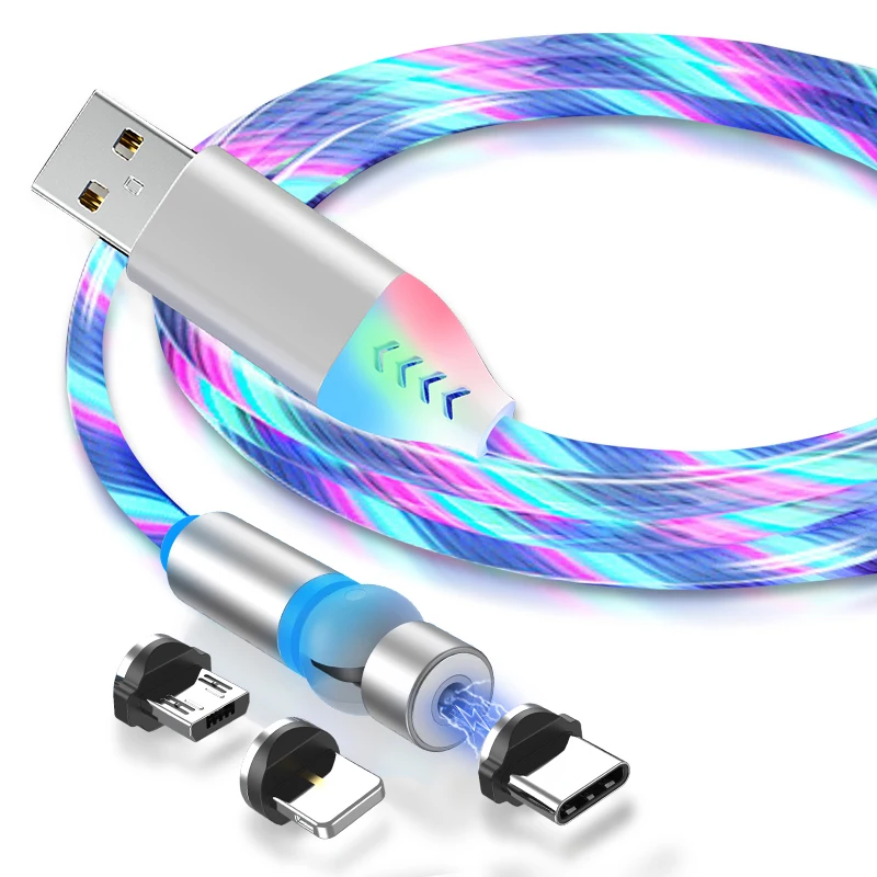 LED Magnetic 3 in1 2.0A USB Cable with LED indicator Used for Micro USB Lightning Type C