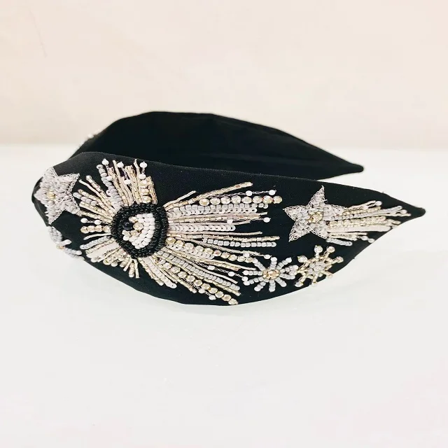 Trendy Hand Embroidered beaded Black Turban Style Indian Handwork Seed Beaded Knotted Party Headpieces for Women