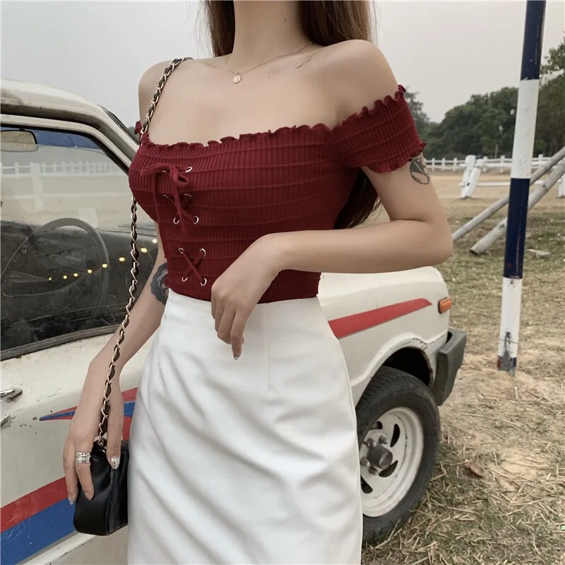 2020 Wholesale New Design Women Fashion Off-Shoulder Top Ladies Casual Short Sleeve Knitted Blouse