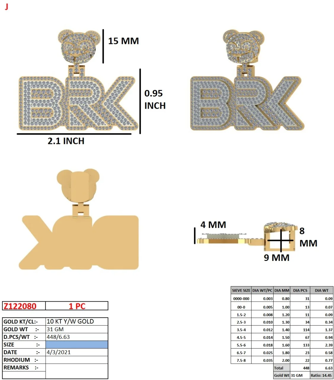 Custom Logo Charm Pendant with 6.63 Carat VS Diamonds 10K Yellow/White Gold 31 Grams Weight-for Engagement