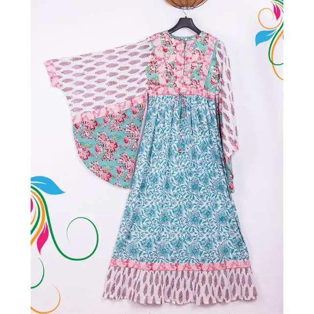 Indian hand block printed quilted long dress multi color patchwork butterfly style evening gown long tunic party wear kurtis
