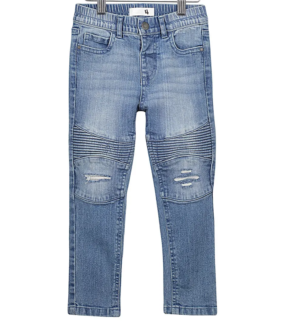 Wholesale garment factory blue pull on Kids Boys Biker Moto denim Jean pants