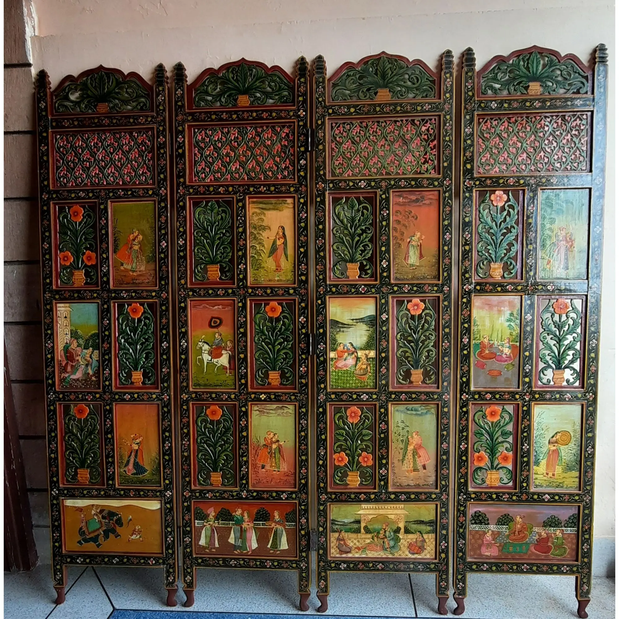 Indian Hand Painted Screen partition wall for room decoration Hand Carved With 24K Pure Gold 4 Panels Folding Room Divider