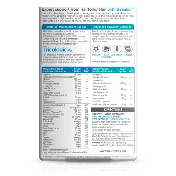 
Hairfollic Him Advanced Man by Vitabiotics Dual Pack 30 Tablets + 30 Capsules VItabiotics Hairfollic Him Advanced 