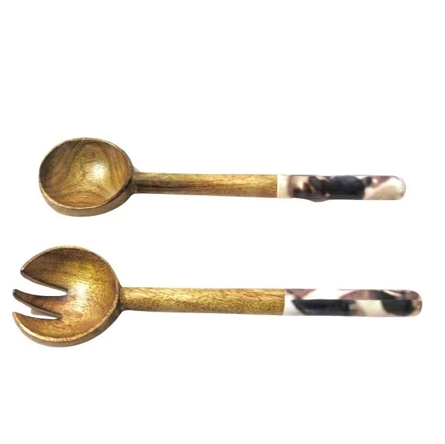 Wooden and Resin Salad Server S/2 Handmade Wooden Fruit Dessert Spoon and Fork Salad Serving Set