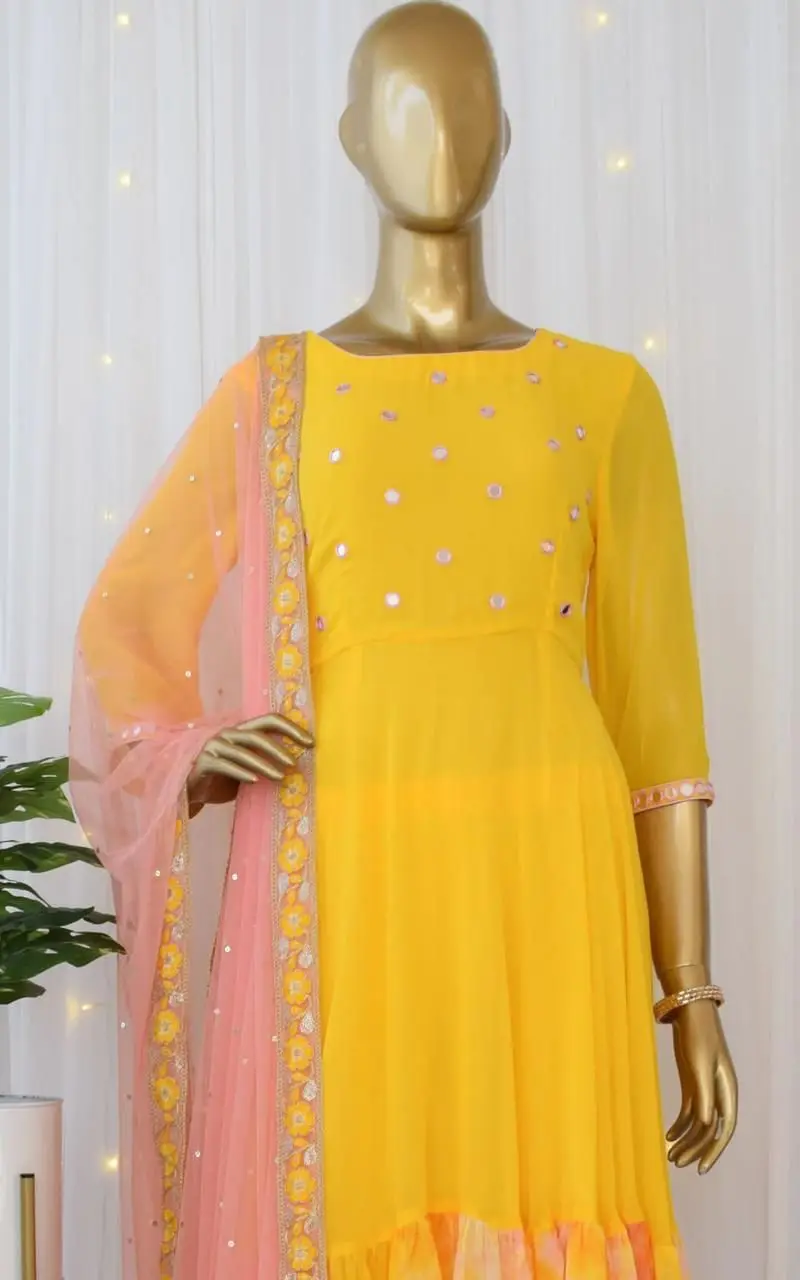 Yellow mirror work Anarkali Dress With Nazeen Dupatta Ready To Wear Dress For Women