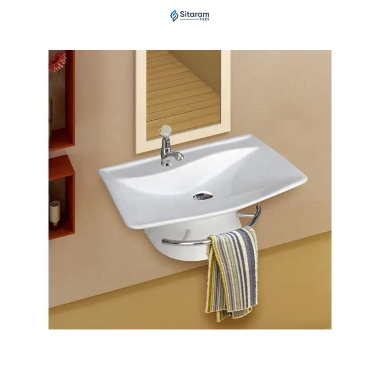 Best Selling Impressive Quality Modern Rectangle Glossy Ceramic Wall Hung Wash Basin Made in India Stone Material Bathroom Use