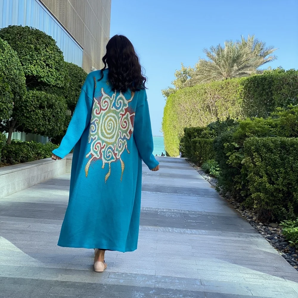 Теплый длинный вязаный синий кардиган «икат» для женщин