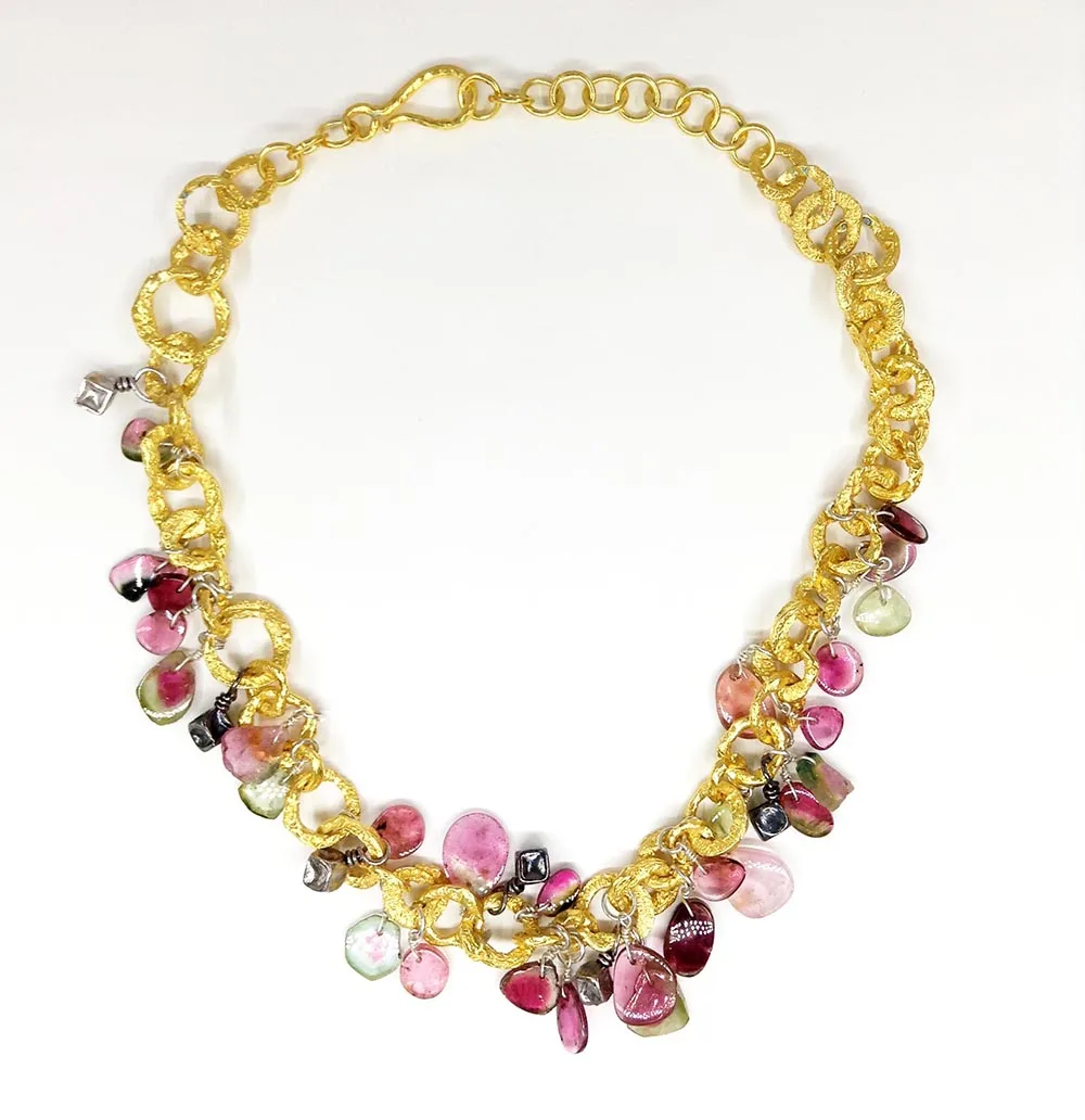 Fancy Attractive 925 Sterling Silver Gold Plated Multi Color Watermelon Tourmaline Trendy Sexy Dramatic Hook lock Charm Necklace