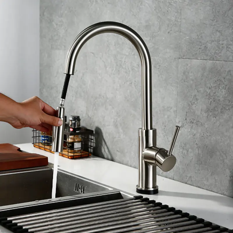 Brushed Nickel Kitchen Faucet Single Hole Pull Out Spout Kitchen Sink Mixer Tap Stream Sprayer Head Chrome
