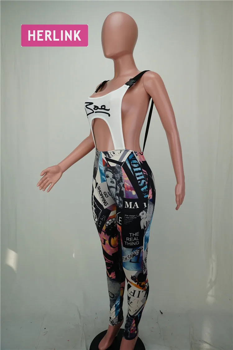 H1255 ladies modern hollow out backless letter print bandage jumpsuit
