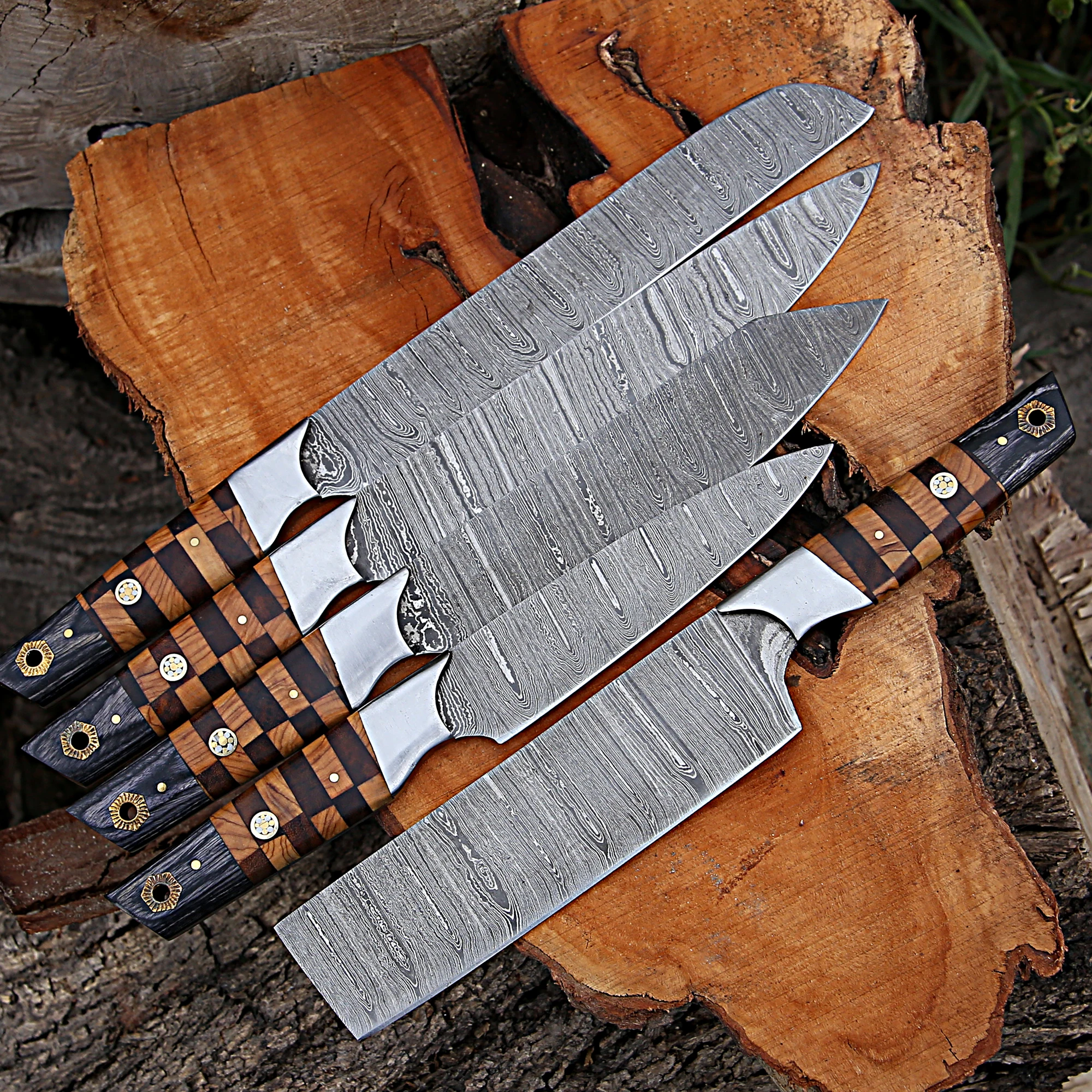 Набор ножей шеф-повара из дамасской стали ручной работы с кожевенным рулоном оптовая продажа острые