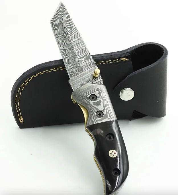 CUSTOM HANDMADE DAMASCUS STEEL FOLDING KNIFE (LEATHER SHEATH INCLUDED)