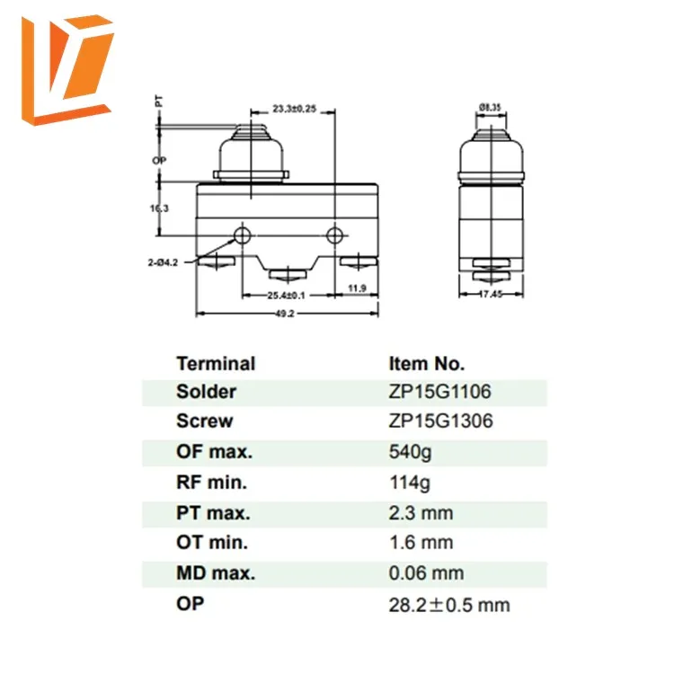 ZP15G1306 Action switch / Short spring plunger push button enec micro switch with cover