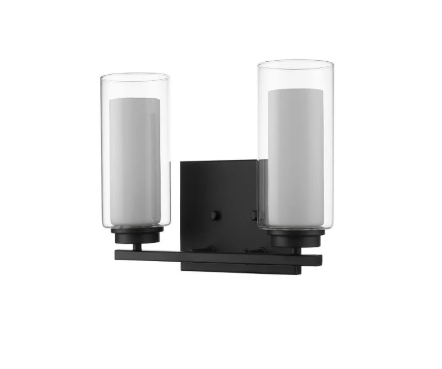 Contemporary Room Decorate LED 2-Light Black Vanity Light With Inner White and Outer Clear Glass Shade Cylinder Wall Sconce