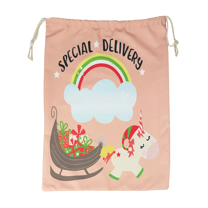 Оптовая продажа, розовые подарочные пакеты Monogram на Рождество, персонализированные мешки в виде единорога и Санты