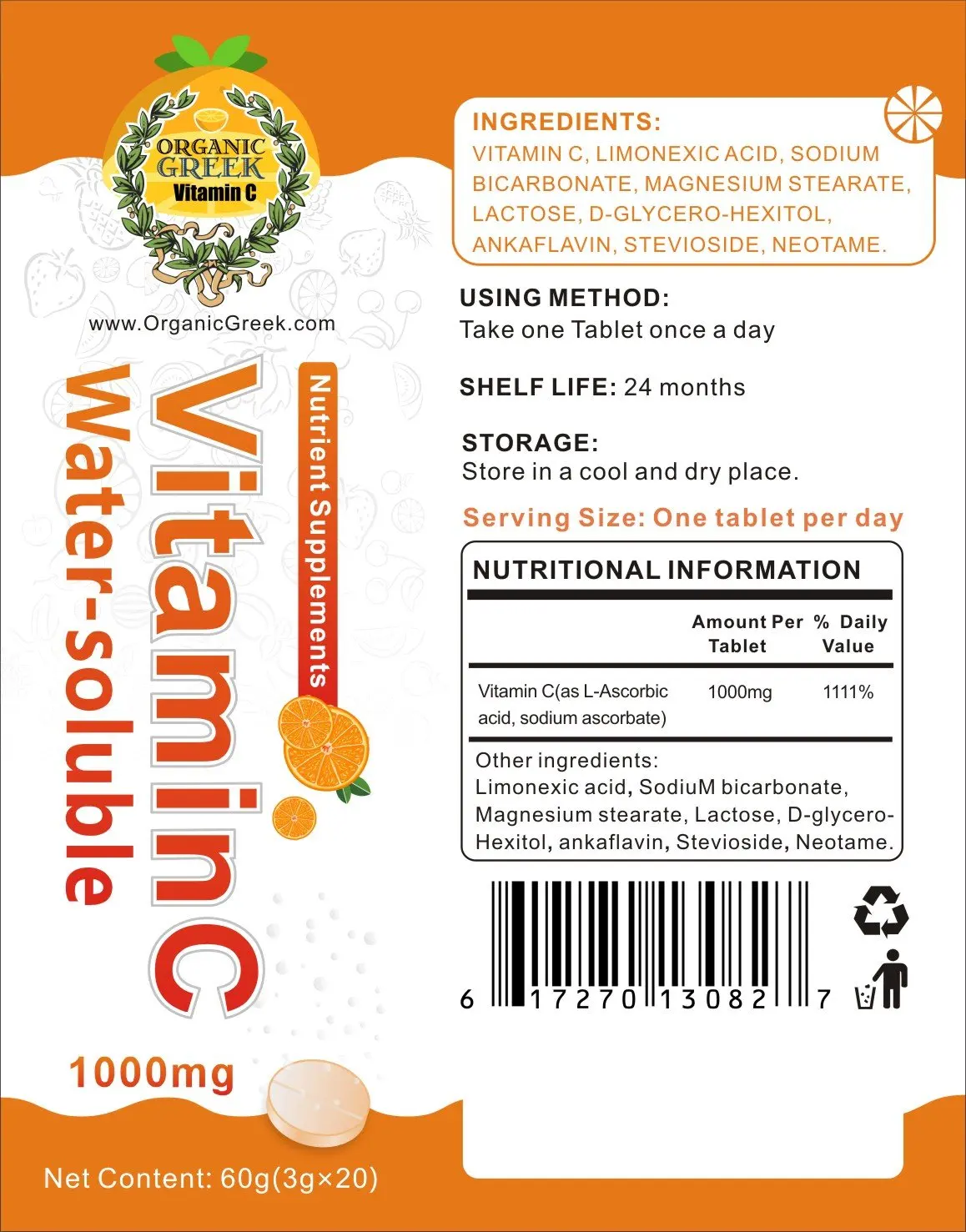 Organic Greek Alkaline Vitamin Bottles 600ml FREE VitaminC 1000mg Tap Water into Alkaline & Hydrogen Rich Mineral Drinking Water