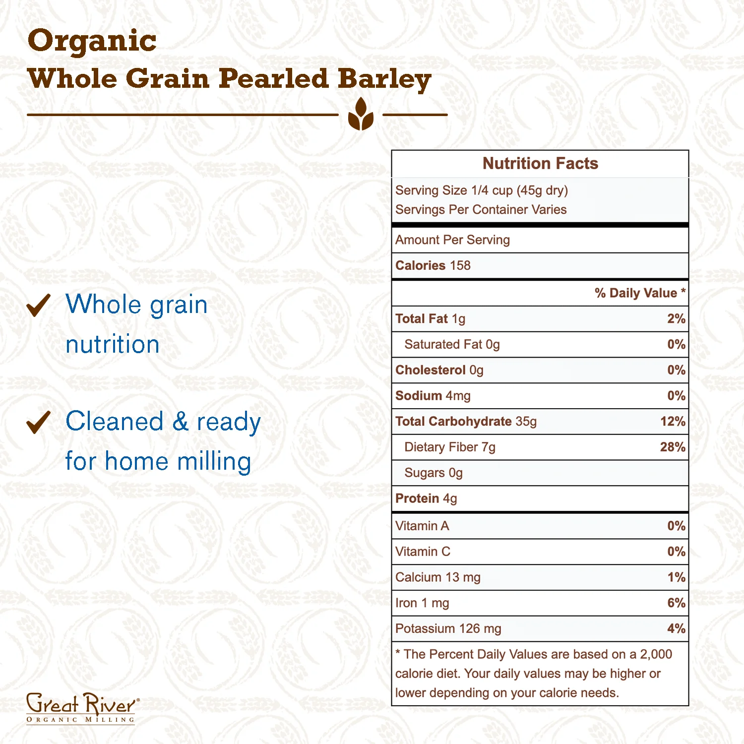 Great River Organic Milling, Whole Grain, Pearled Barley, Organic, 25-Pounds (Pack of 1) Whole Wheat Flour