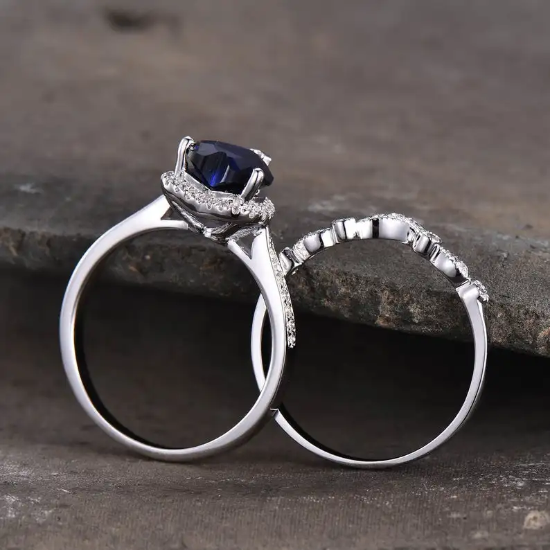 Blue Sapphire Heart Shaped Engagement Ring Gemstone Bridal Set 925 Sterling Silver September Birthstone Wedding Band