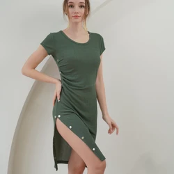 Latest Hot Style Women Dress Ladies Casual Roched Split Button Dress