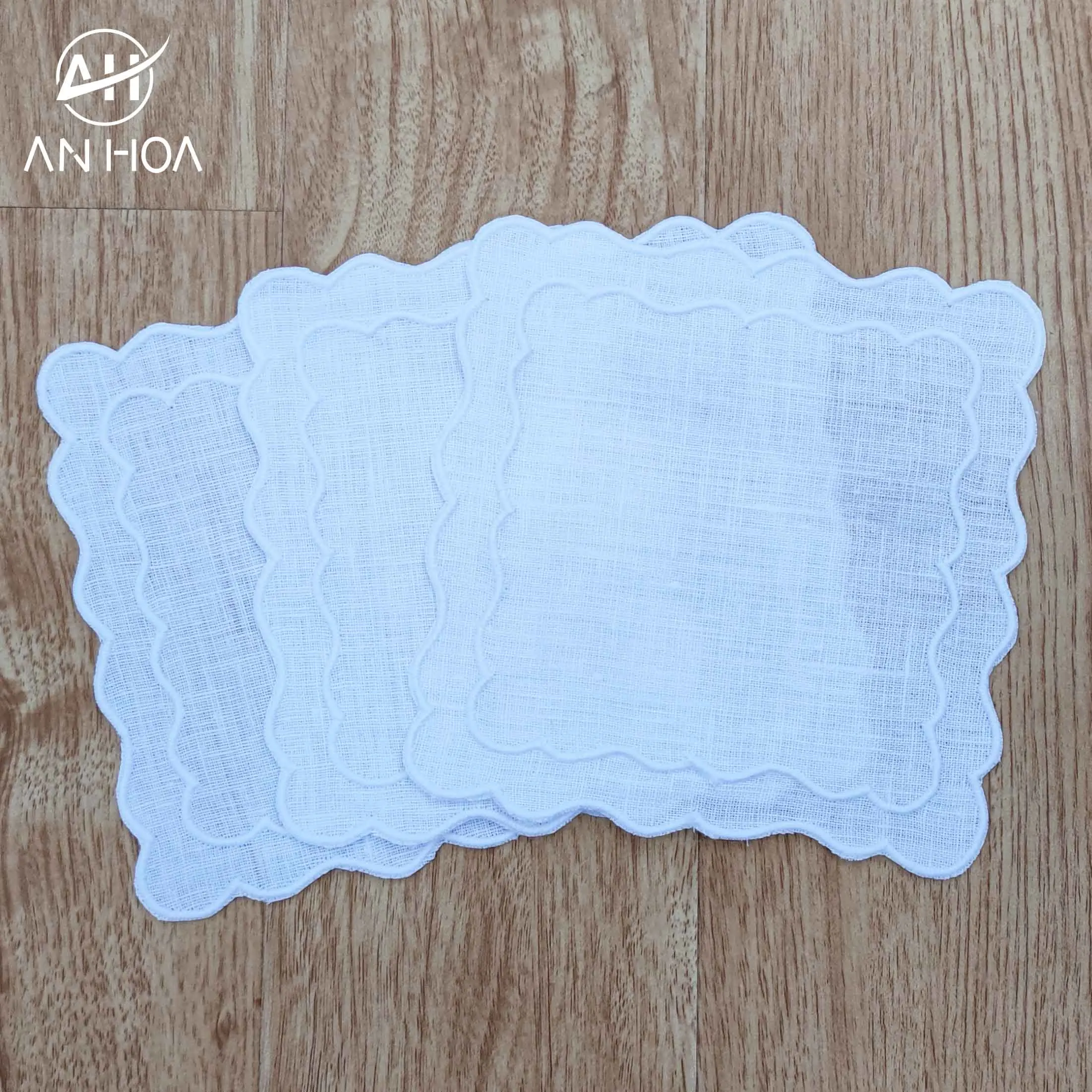 Scalloped cloth cocktail napkins, 100% pure linen cutwork cocktail napkin