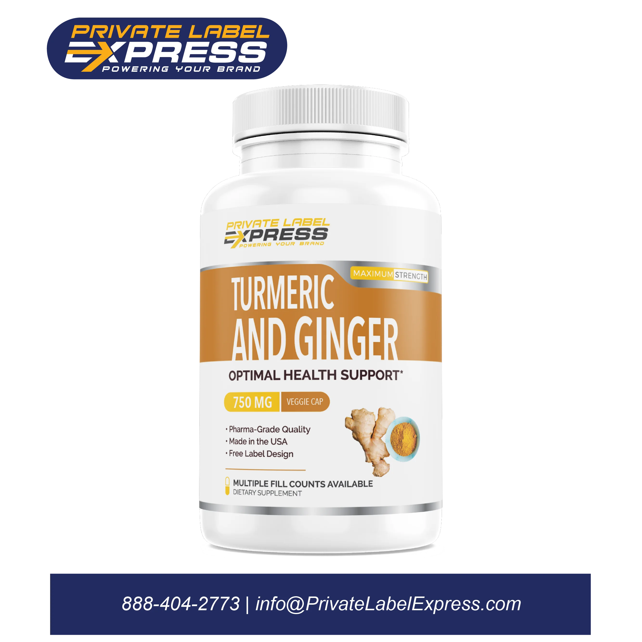 
Turmeric 750mg w/10mg Black Pepper + Ginger, 60 count in vegetarian capsules 