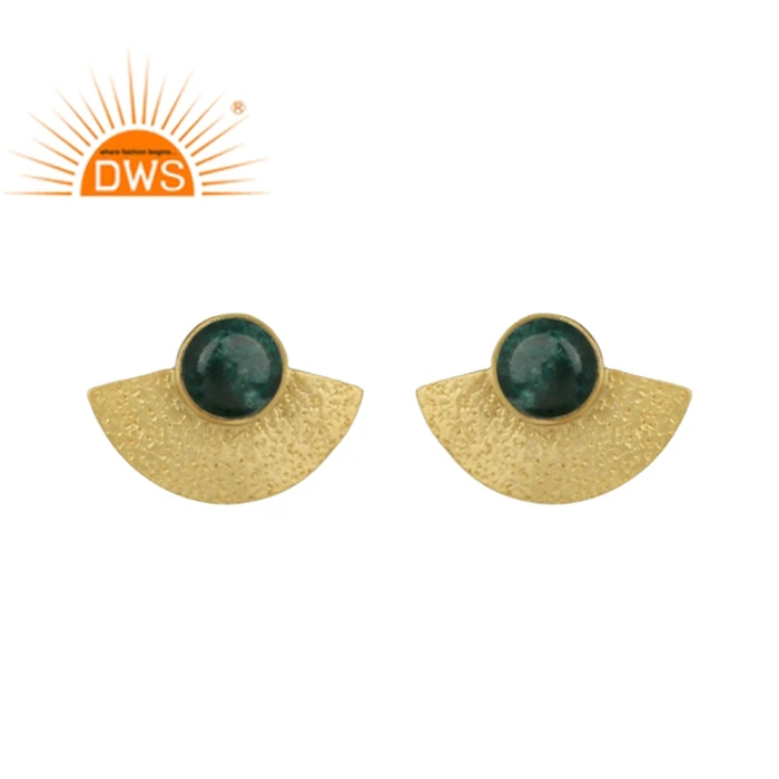 Green Emerald Gemstone Earrings Wholesale Textured Fan Shaped 18k Gold Plated 925 Silver Stud Earrings Jewelry