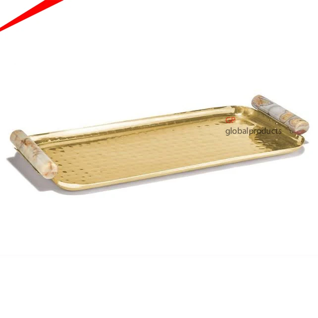 2022 latest design rectangular serving tray with designer black and gold metal handles fruits snacks serving tray