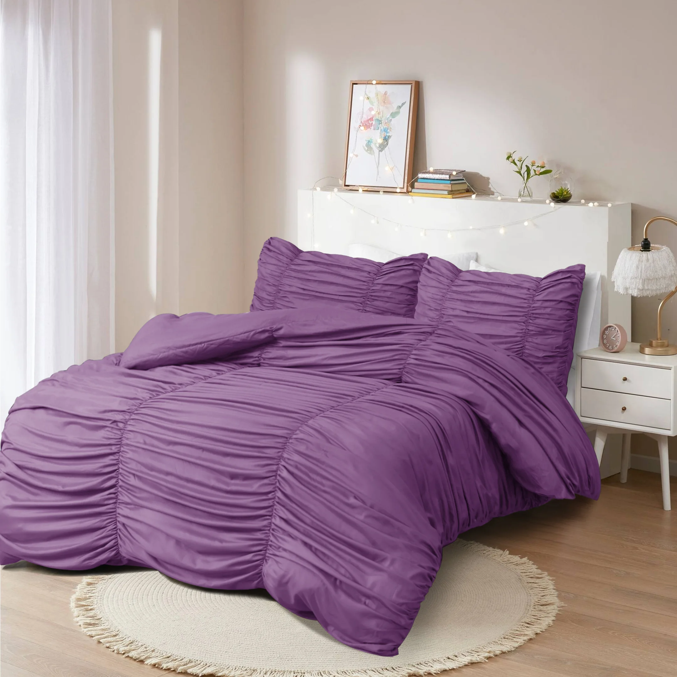 Новый стиль, доступная оптовая продажа, комплект пододеяльников из микрофибры с оборками, индивидуальный OEM ODM однотонный сиреневый цвет