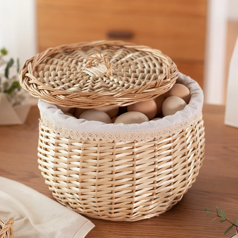 Круглая плетеная корзина для хранения фруктов и овощей ручной работы из ивы с крышкой