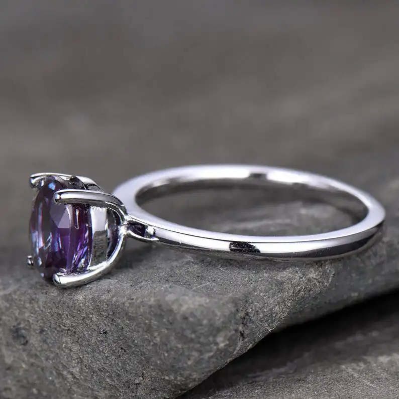 Alexandrite Ring Plain Gold Band 6x8mm Oval Color Changing Gemstone Engagement White Plated Sterling Silver Jewelry