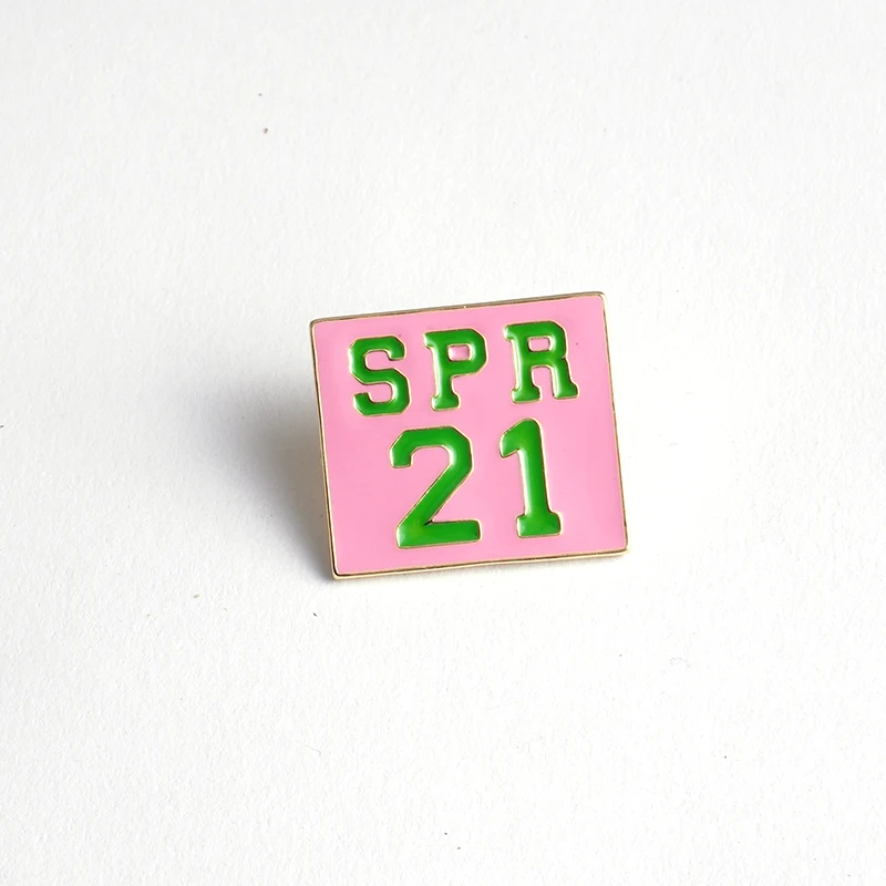 Custom Cute  Enamel Pins 18k Gold Plated Greek Sorority Square Pink and Green Spring 21 Lapel Pin Brooch