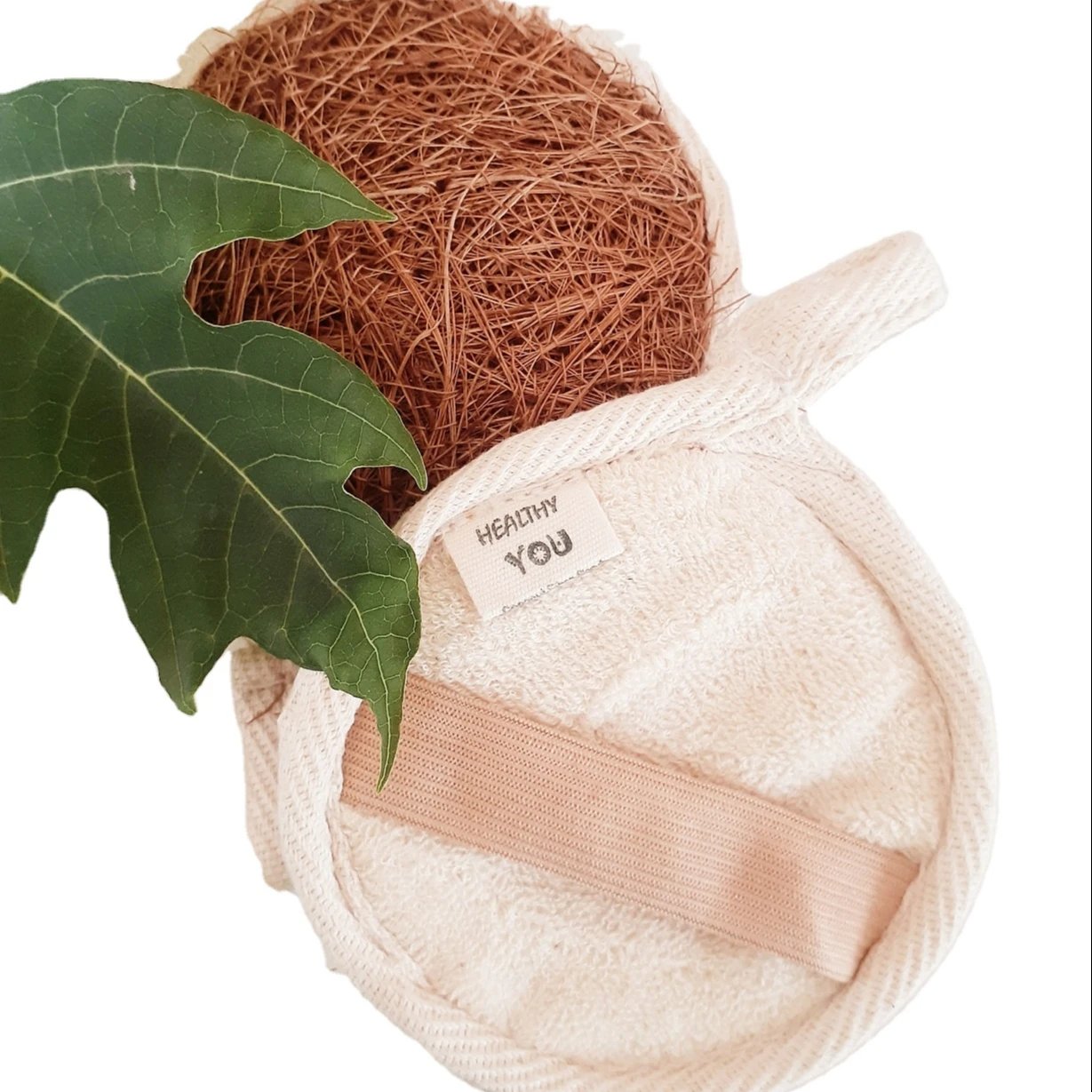 100% natural coconut bath sponge with soft terry back and elastic holder for shower and bath wholesale body bath brush