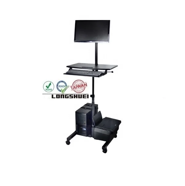 Aluminum Metal MDF Mobile Height-Adjusted monitor mount Worksurface Cart with footrest cpu holder keyboard tray computer station