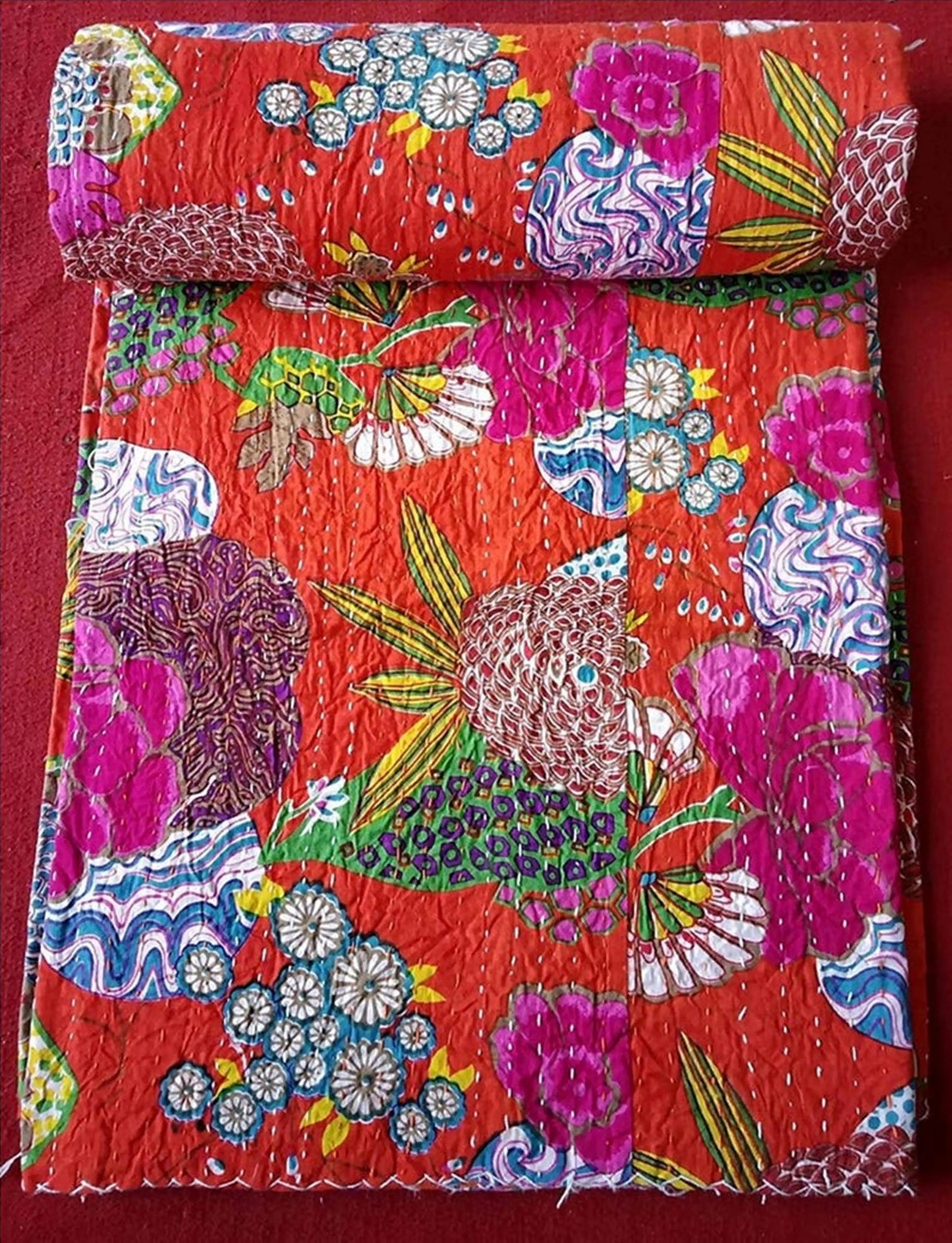 Indian Kantha Wholesale Lot Vintage Hand Made Indian Kantha Blanket Throw Quilt King Queen Home Bedroom Red Fruit Kantha Quilt