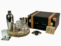 Bar Box Portable Leather Bar Set with 3 Whiskey Glass Bar Set Vintage Black