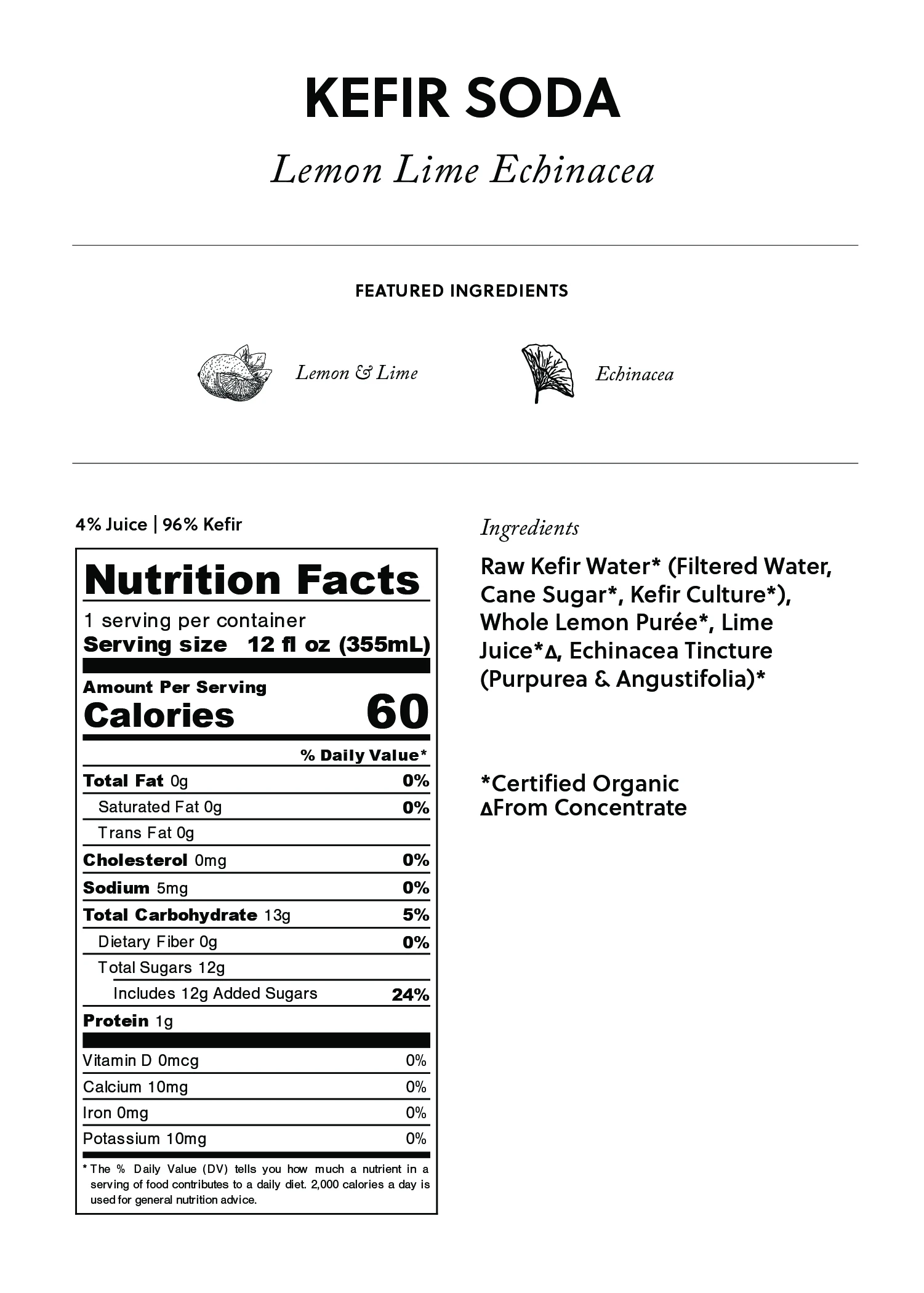Buchi Kefir 6/12oz Lemon Lime Echinacea Organic Kefir Soda Non Dairy Probiotic Tonic Premium Quality