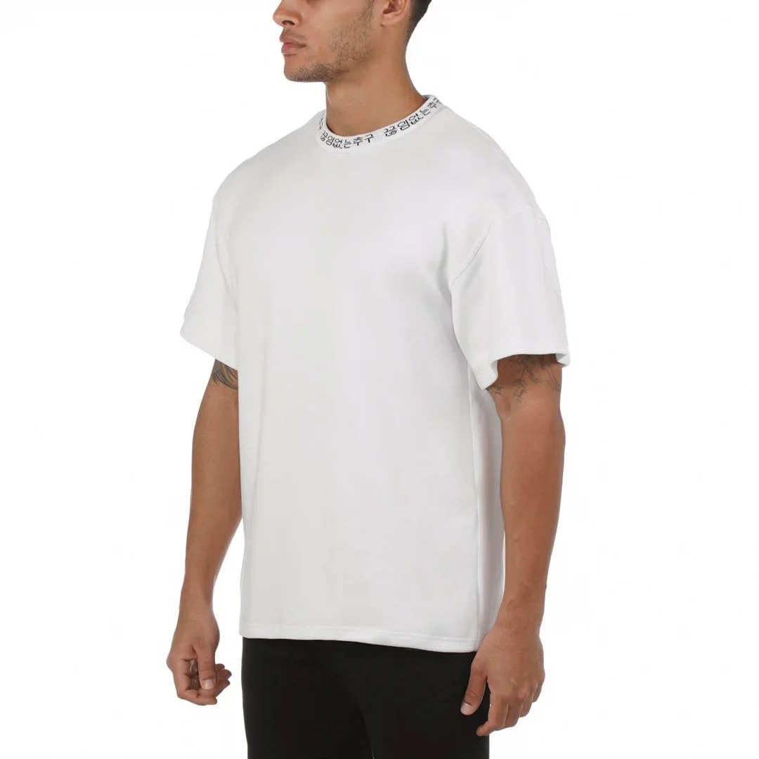 QYOURE MTS23 Custom Logo Jacquard Ribbing Heavy Weight Oversized Mens Ribbed Collar Rib Neck T Shirt