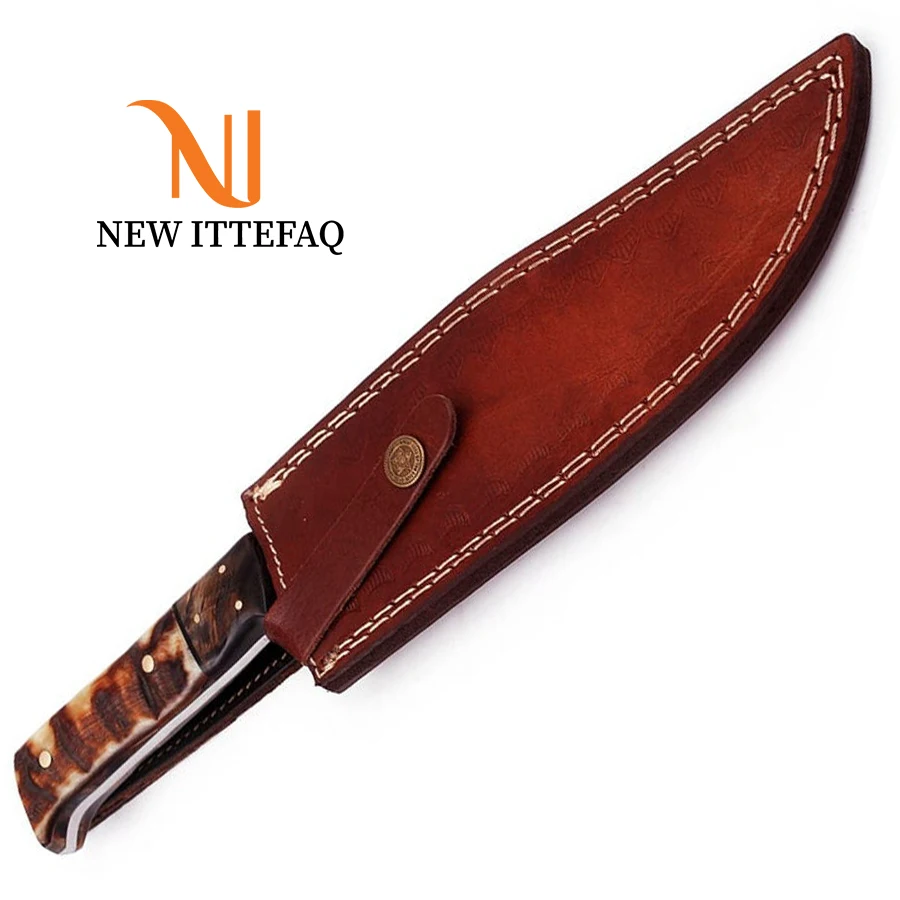 
Damascus Steel Bowie Knife 14 inches Hunting Survival Camping HANDMADE Full BUFFALO HORN Handle Free Cowhide Leather Sheath 