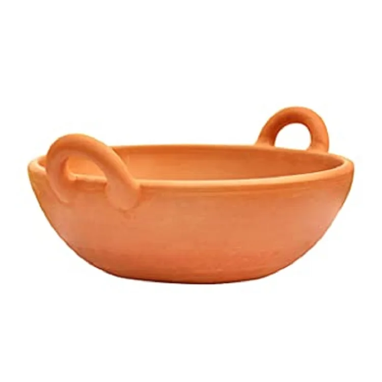 
High Quality Handmade Terracotta Clay Gas Cooking Deep Fry Pan/Kaadai/Handi with Aluminium Handle 