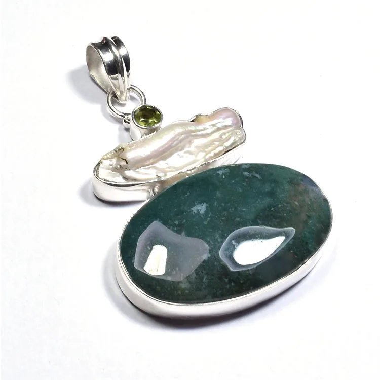 925 silver green moss agate one stone designer fashion pendant for girls