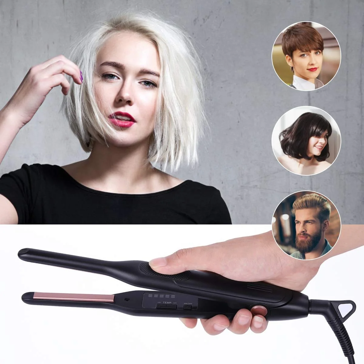 Small Flat Iron Professional 1/3 inch Plate Short Hair Beard & Pixie Cut Instant Heat up Dual Voltage Hair Straightener